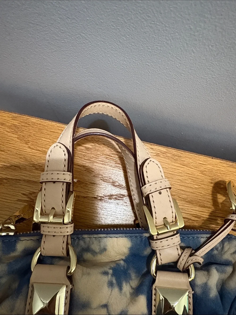 Michael Kors Blue and Cream Tie-Dye Mini Satchel with Tan Handles
